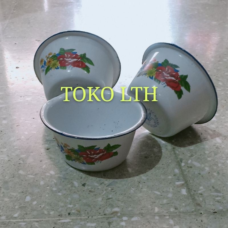 MANGKOK TINGGI JADUL 12 CM BASKOM KOBOKAN SENG ENAMEL KALENG MOTIF KEMBANG RRT 12CM MANGKUK 12 JARI