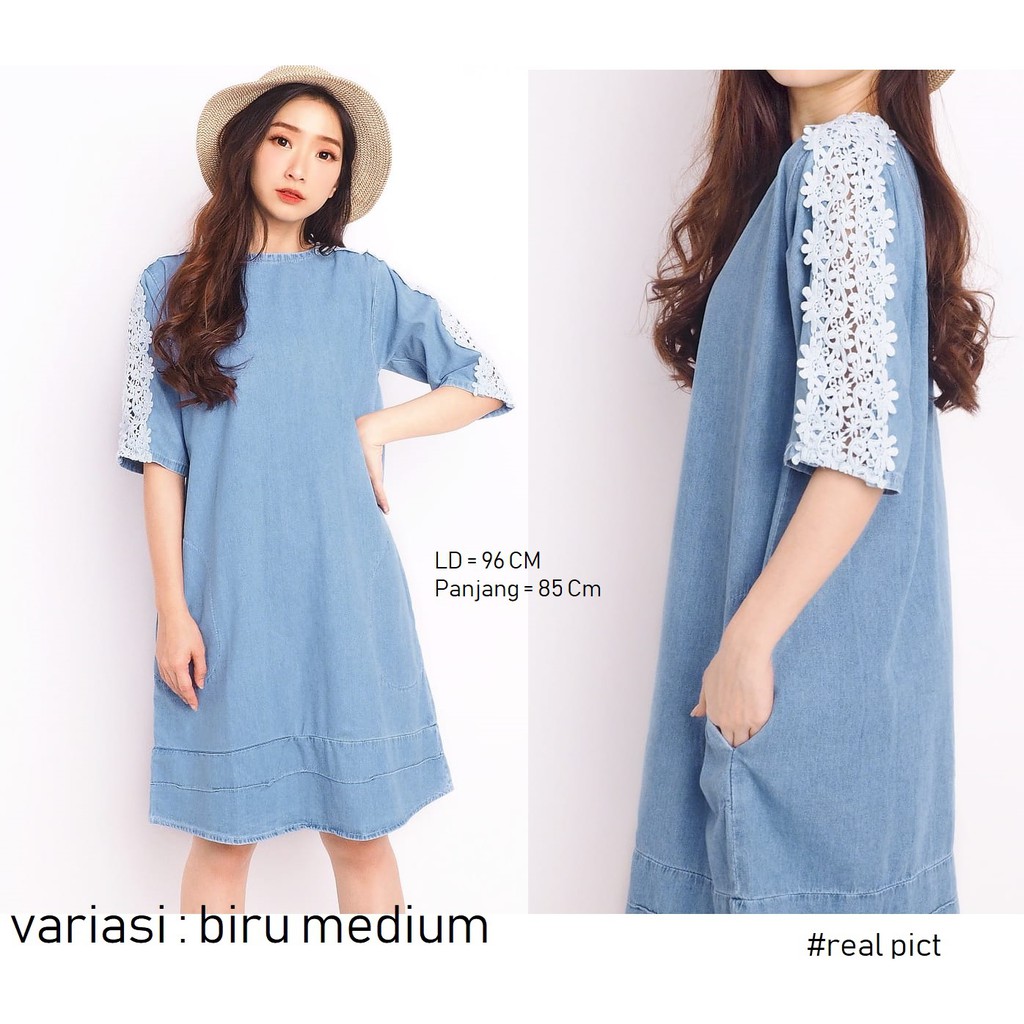 HOPYLOVY - Midi Dress Jeans Wanita Kombinasi Brukat Lorena