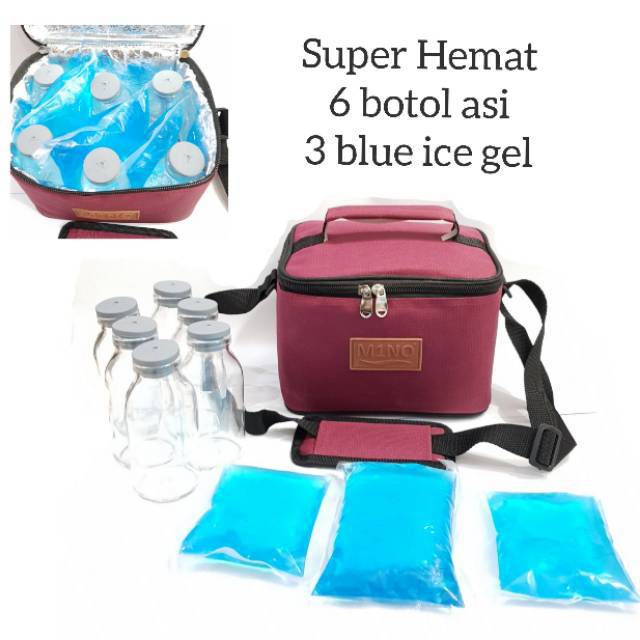 PROMO ! TAS ASI  asip mino Termurah + 3 BLUE ICE GEL  + 6 BOTOL ASI  / PAKET SUPER HEMAT COOLER BAG ASI ASIP S1 / promo beli cooler bag free pouch kosmetik