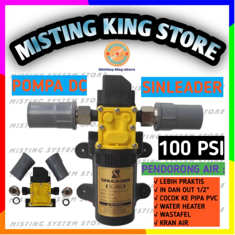 PAKET SET POMPA DC 12V 100PSI SINLEADER DINAMO SINGLE PUMP NEPEL 18MM + SOCK DRAT DALAM KE PIPA PVC 1/2 INCH SHOWER WATER HEATER MESIN CUCI BOOSTER PUMP