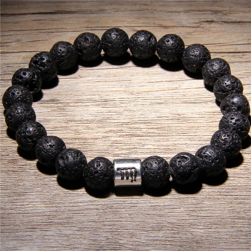 Gelang Manik-Manik Batu Lava Alami Desain 12 Rasi Bintang Untuk Pria Dan Wanita