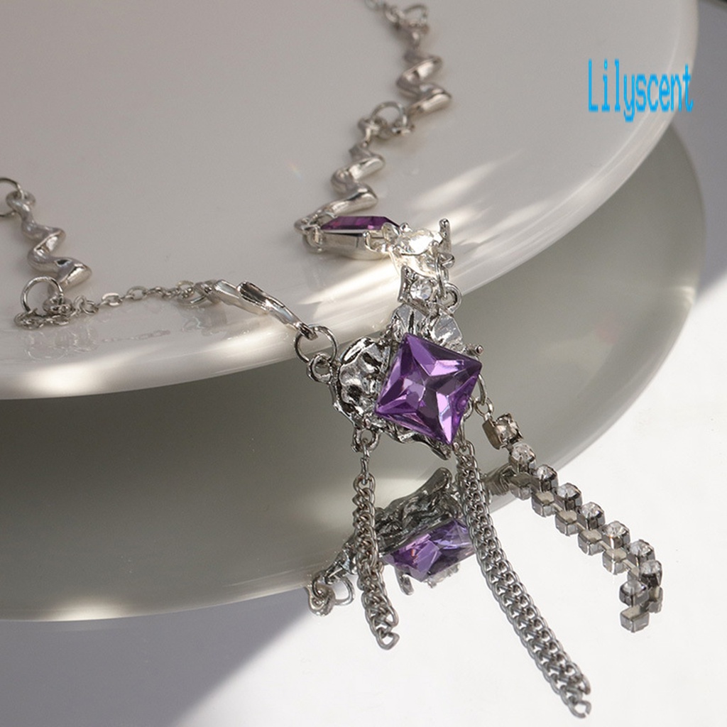 Lily Kalung Rantai Alloy Adjustable Hias Zirkon Ungu Untuk Wanita