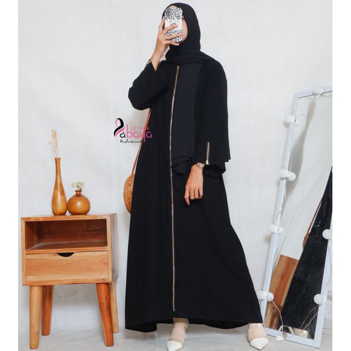 abaya Polos Ziper emas full dipadu kain hitam pekat simpel minimalis cantik bgt!