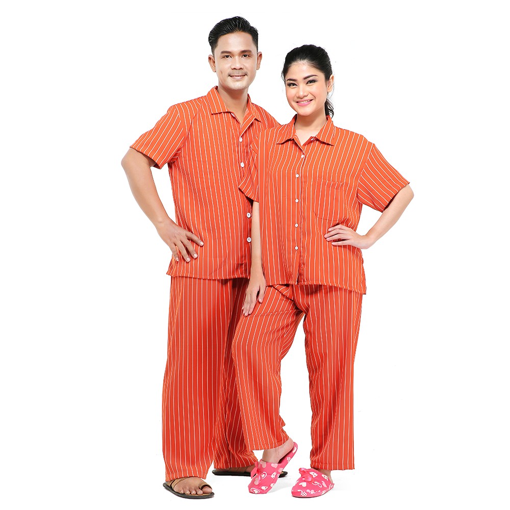 Zavyn Setelan Piyama Couple Setelan Kemeja Salur Orange