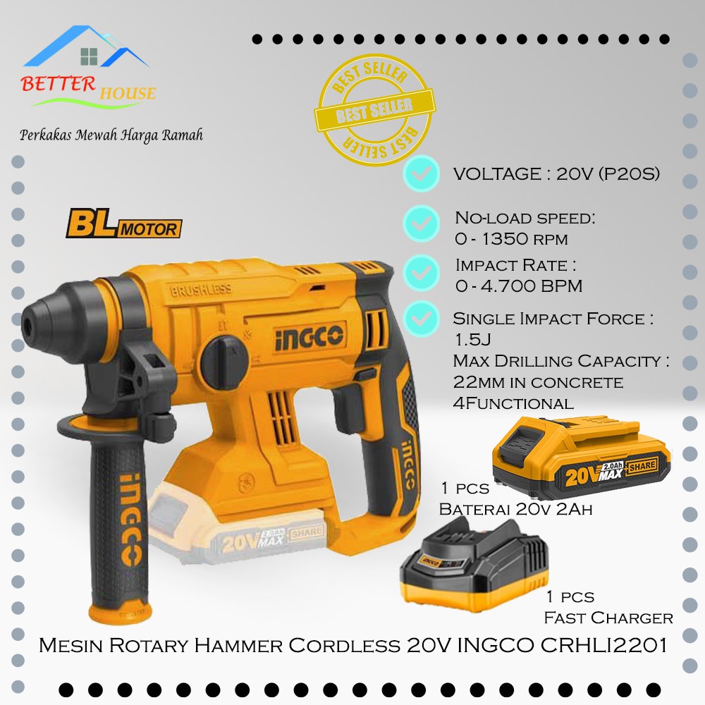MESIN BOR PALU ROTARY HAMMER JACK HAMMER CORDLESS 20V BATERAI 2AH INGCO CRHLI2201