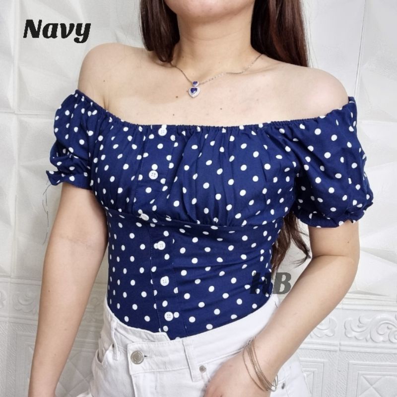 HAWAIIAN BANANA - ATASAN WANITA CROP TOP POLKA PUFF BANGKOK / ATASAN IMPORT BANGKOK