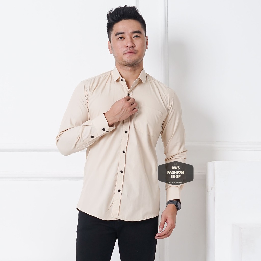 Kemeja Pria Lengan Panjang Polos Cream Krem Kemeja Slimfit Kemeja Polos Casual 819 - EightNineTeen