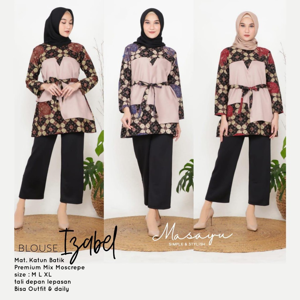 [PREMIUM] Blouse Izabel Batik Kombinasi Batik Muslim Tali Atasan Blus Kombi Modern Kerja Kantor