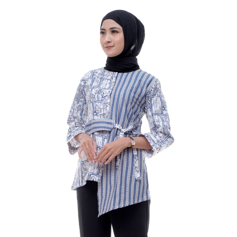 tey-17 Batik wanita ASJ SA HRB026 Kenongo Kemeja Tosca Pendek-REMEKAN BIRU