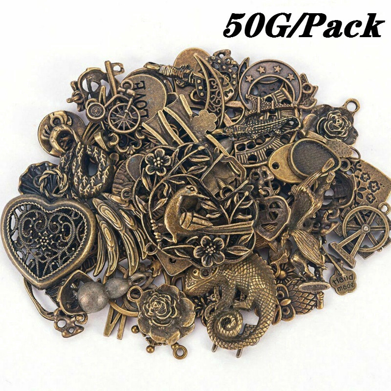 50g Vintage Jewelry Making Mixed Charms Pendants Random DIY Crafts Bronze/Silver