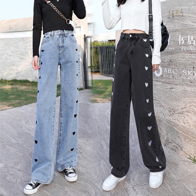 yikoo-Celana jeans bordir cinta high waist wanita panjang longgar boyfriend pants