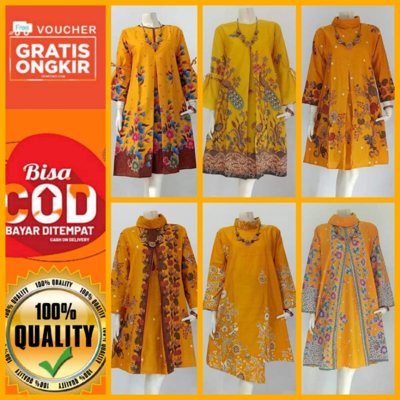 TUNIK BATIK UNGGUL JAYA WARNA KUNING / ATASAN BATIK WANITA WARNA KUNING CIBULAN HITAM MANIS