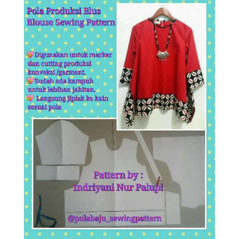 Pola produksi blus batik kombinasi | handkerchief blouse pattern | Pola baju | Sewing pattern