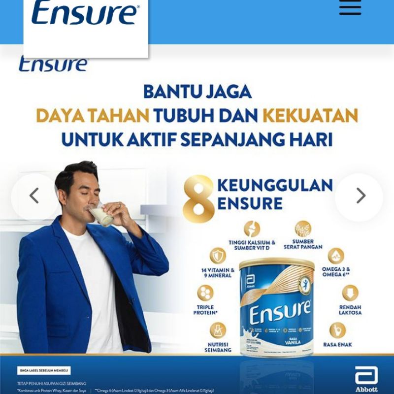 Susu Dewasa Rendah Laktosa Ensure Coklat Cokelat 400 gr 400g