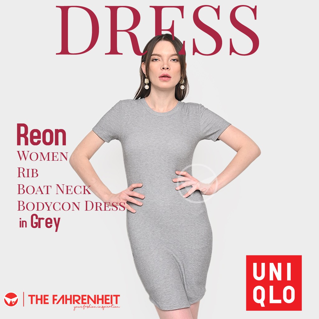The-Fahrenheit Reon Uniqlo Women Rib Boat Neck Bodycon Dress - Grey