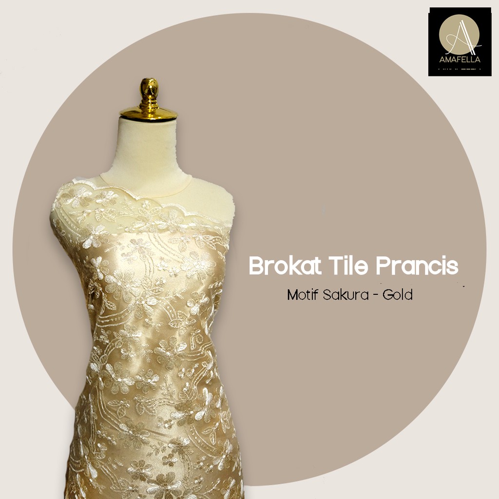 1/2 meter Kain Brokat Tile Prancis Bahan Kebaya Motif Sakura Gold