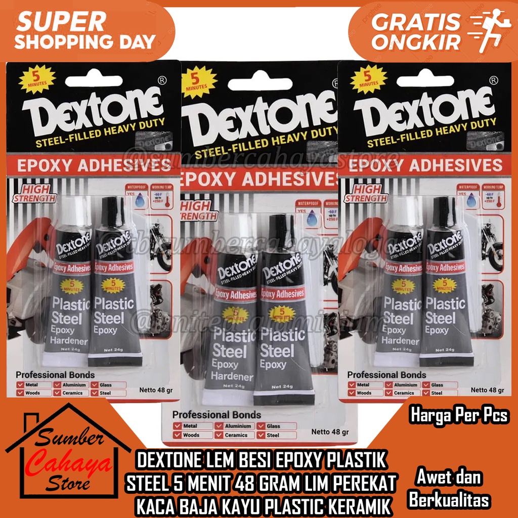 Dextone Lem Besi Epoxy Plastik Steel 5 Menit 48 Gram Lim Perekat Kaca Baja Kayu Plastic Keramik Kram