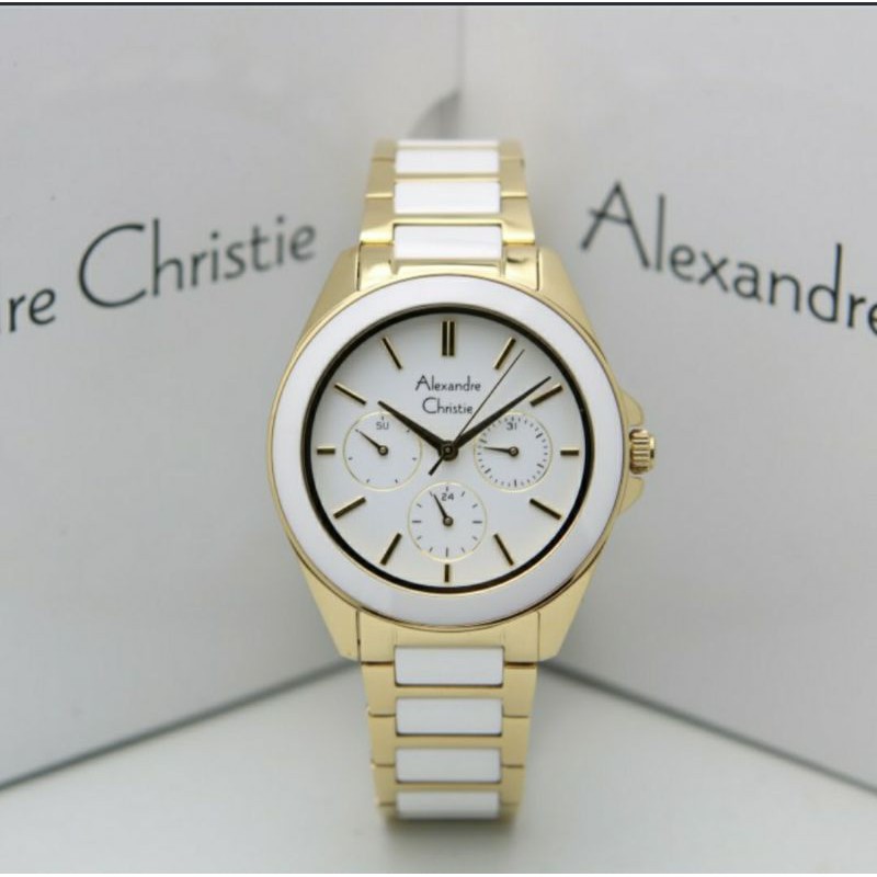 ORI GARANSI JAM TANGAN WANITA ALEXANDRE CHRISTIE CEWEK GOLD WHITE KERAMIK ALEXANDER CRISTIE AC 2904