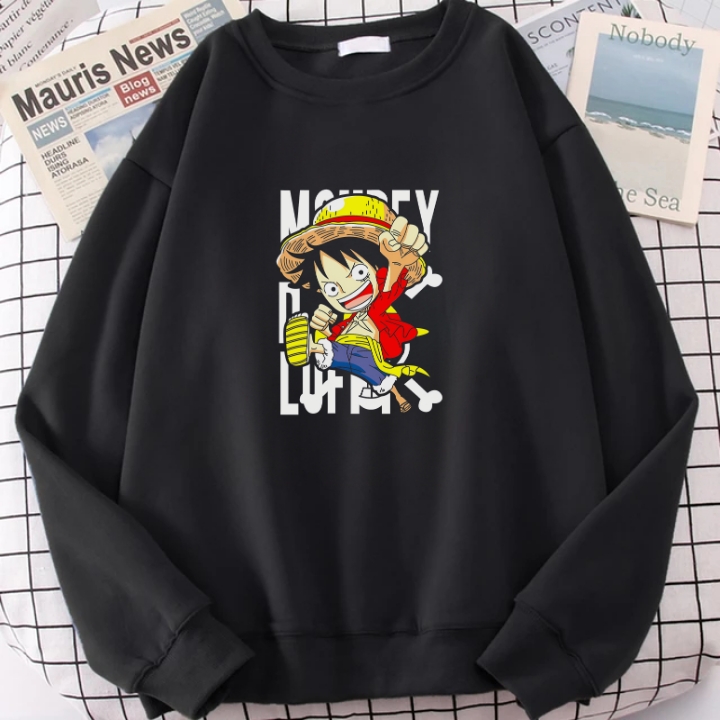 Sweater Basic Dewasa Anime One Piece Monkey D Luffy LF001 Print DTF Bahan Fleece Tebal Halus