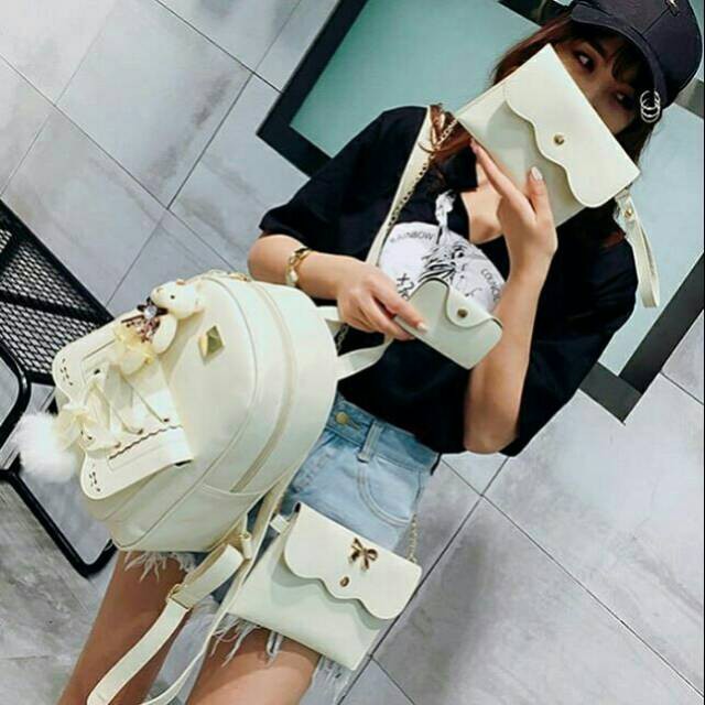 Backpack ransel kulit paketan murah 4in1 pompom tas sekolah tas main tas kerja remaja wanita cewe
