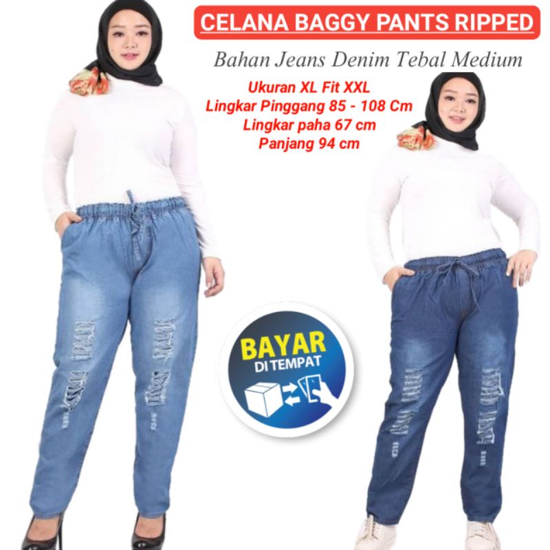 Celana Panjang Baggy Pants Wanita Jumbo Bahan Jeans Denim Tebal Ripped Sobek Pinggang Karet Elastis 