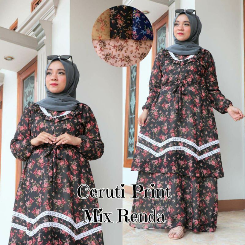 Gamis ceruty babydoll motif bunga // gamis ceruty renda model terbaru 2021