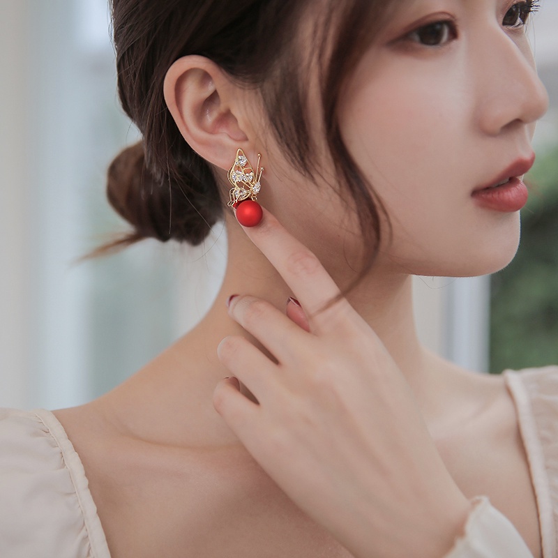 Anting Tusuk Gantung Panjang Silver 925 Wanita Desain Kupu-Kupu Hias Berlian Mutiara Gaya Korea