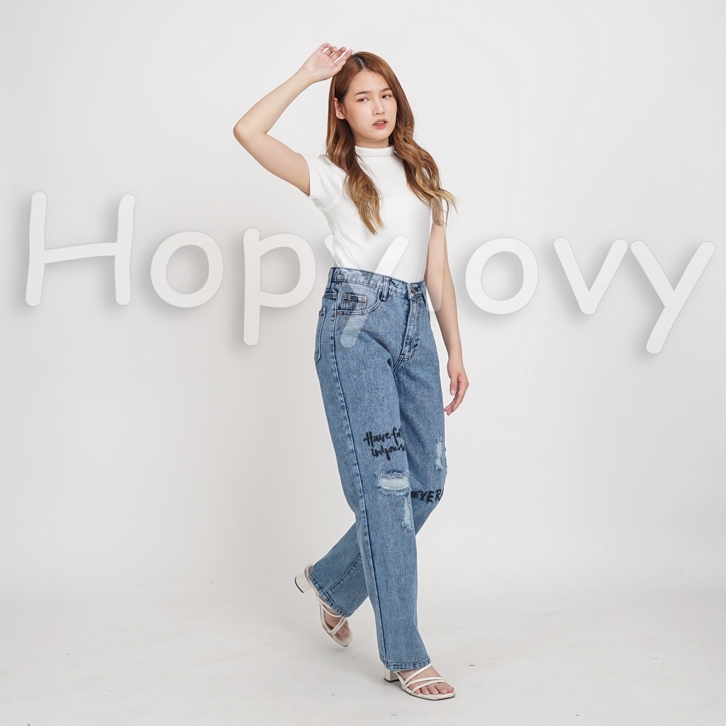 HOPYLOVY Celana Jeans Wanita Boyfriend Jeans High Waist Loose Sobek Lutut Bordir Neveline