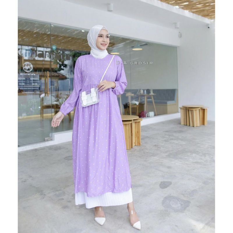 Sanso dress midi, dress polkadot, gamis lilac rayon polka lilac ungu LD 110