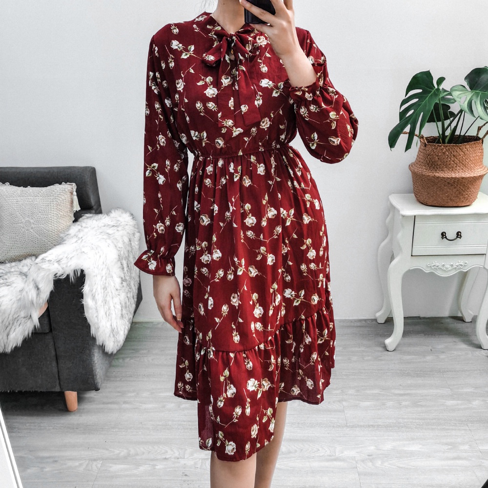 COD 2022 New Fashion Korea Red Blue Midi A-line Dress Merah Wanita Midi Dress Korea Lengan Panjang Muslimah Motif Bunga Panjang Gaun
