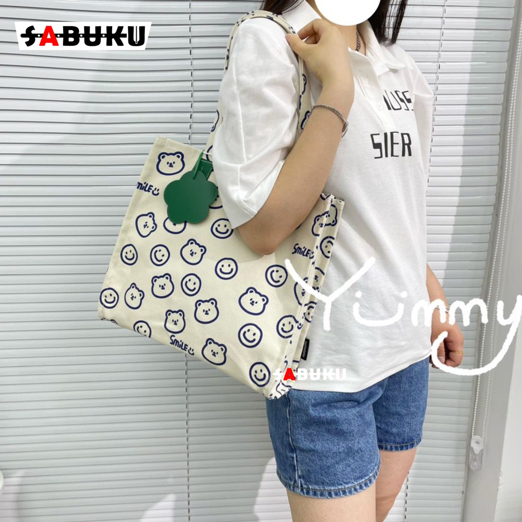 Tas Selempang Fashion Wanita Korea Totebag SMILE Bahan Kanvas Resleting Motif Carakter Korea Style Multifungsi -253