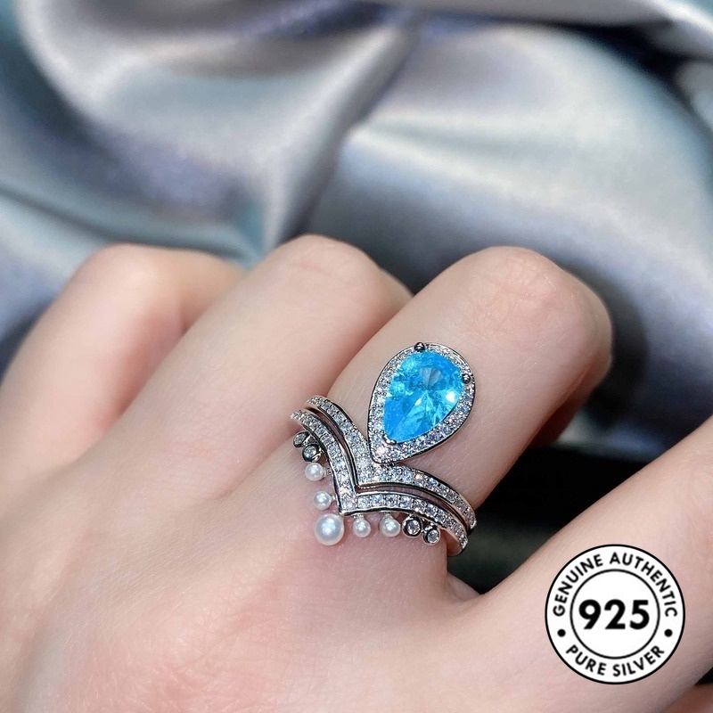 Cincin Sterling Silver 925 Model Mahkota Dengan Berlian Aquamarine Untuk Wanita