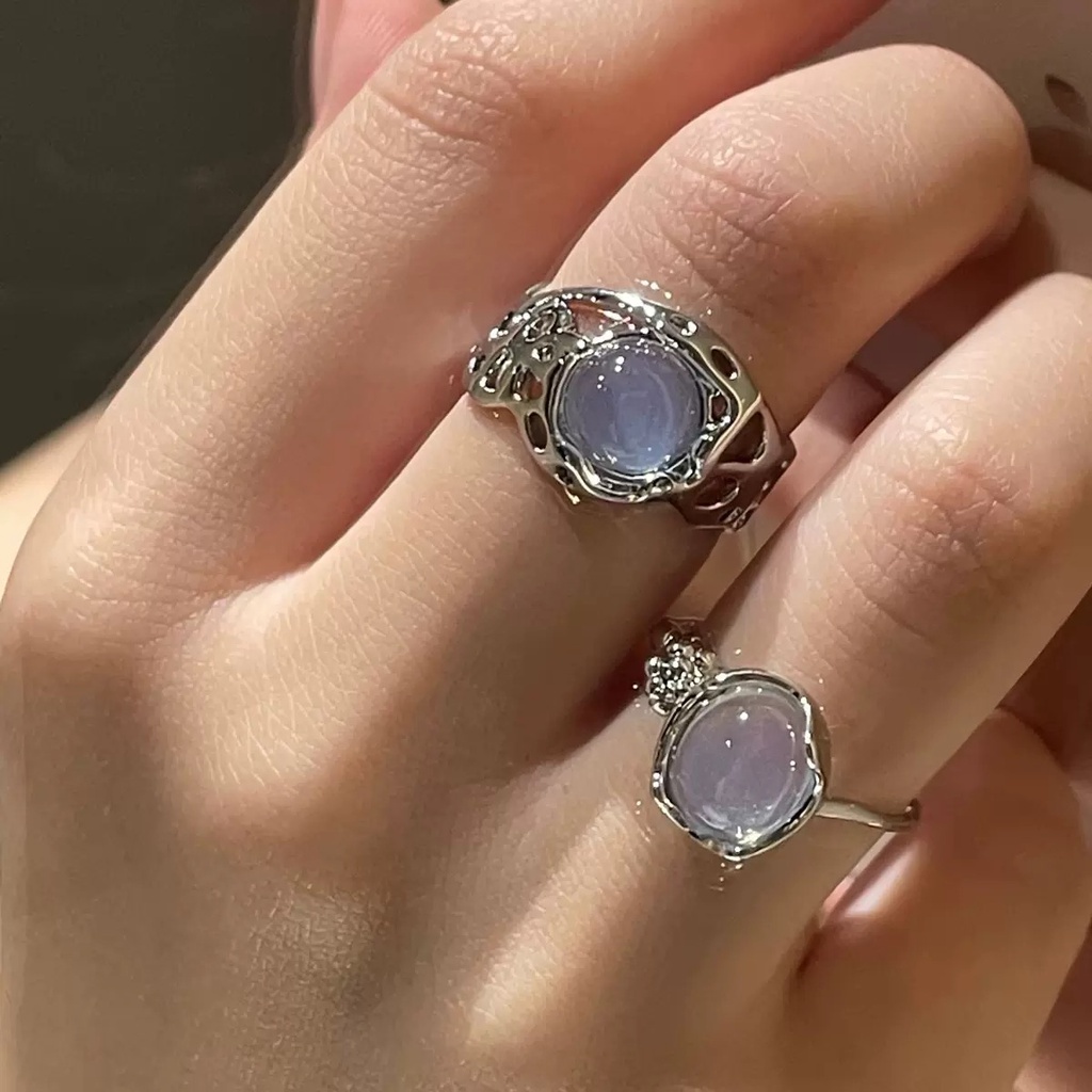 Cincin Model Terbuka Warna Silver Hias Opal Untuk Wanita