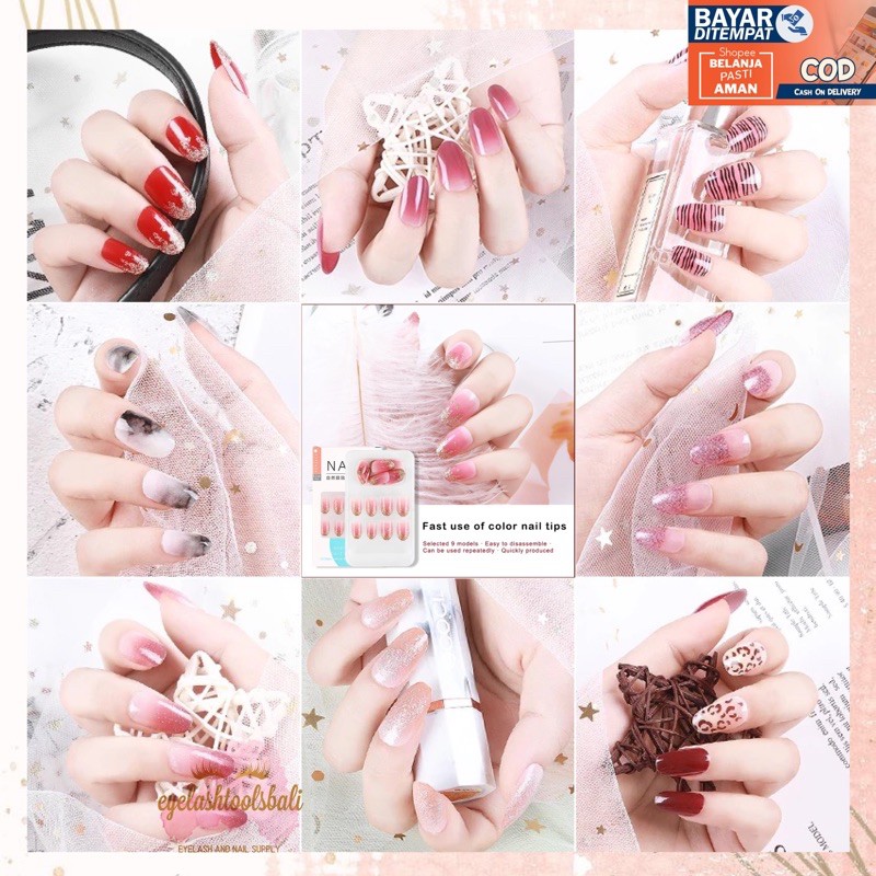 KUKU PALSU 24/30PCS DENGAN LEM FALSE NAIL TIPS CUTE MOTIF MULTI DESIGN GLOSSY OVAL COFFIN