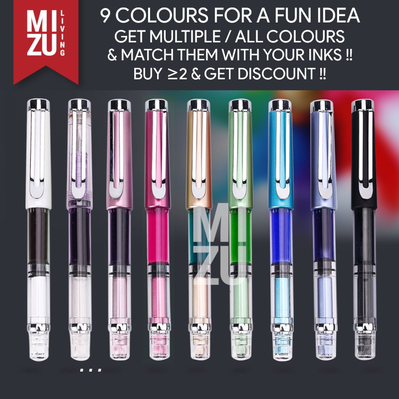 MIZU CRISTALLO PISTON Fountain Pen 9 Colours High Ink Capacity Stainless Steel Nib