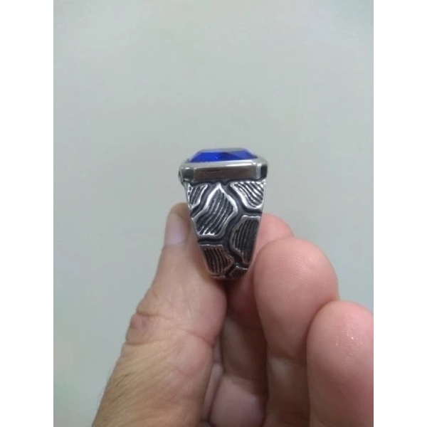 Cincin Batu Safir Royal Blue Saphire Ring Titanium Real Anti Karat Tahan Luntur Motif Retro Apex