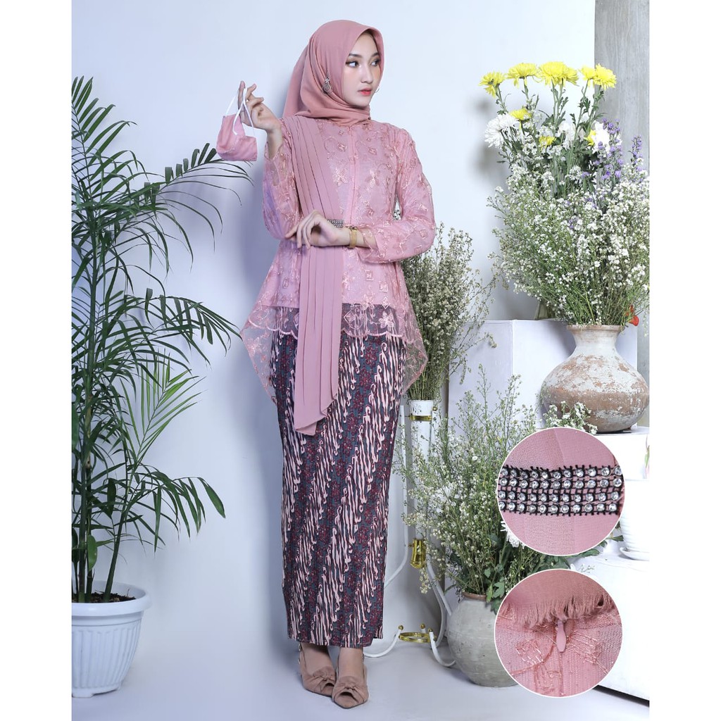 set kebaya aurora selendang termurah Kebaya /Kebaya tulle/Kebaya Wisuda /Baju Kebaya /Kebaya Moder-set dusty pink