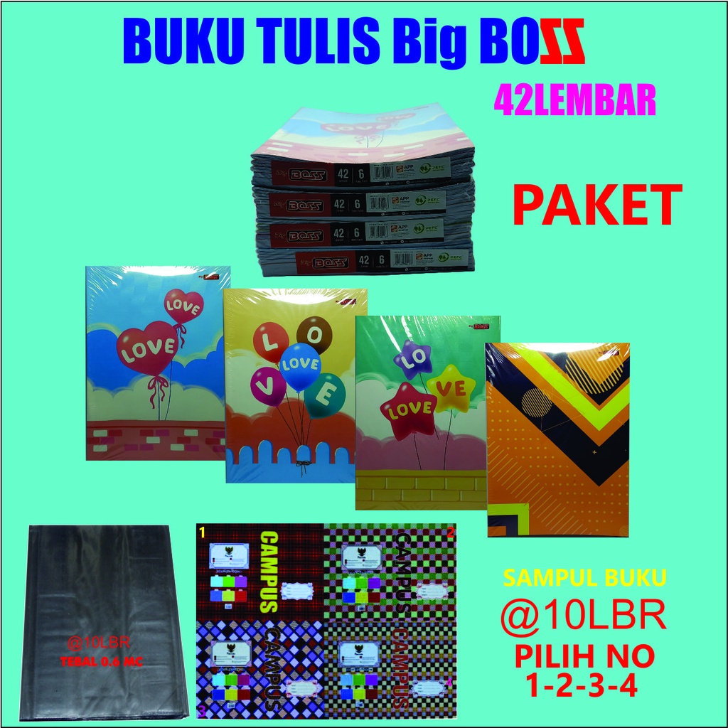 

BUKU TULIS BIG BOOSS 42LEMBAR (PAKETAN 1PAK = 6BUKU) + SAMPUL KERTAS 10PCS +(BONUS 1PCS STICK NOTE)