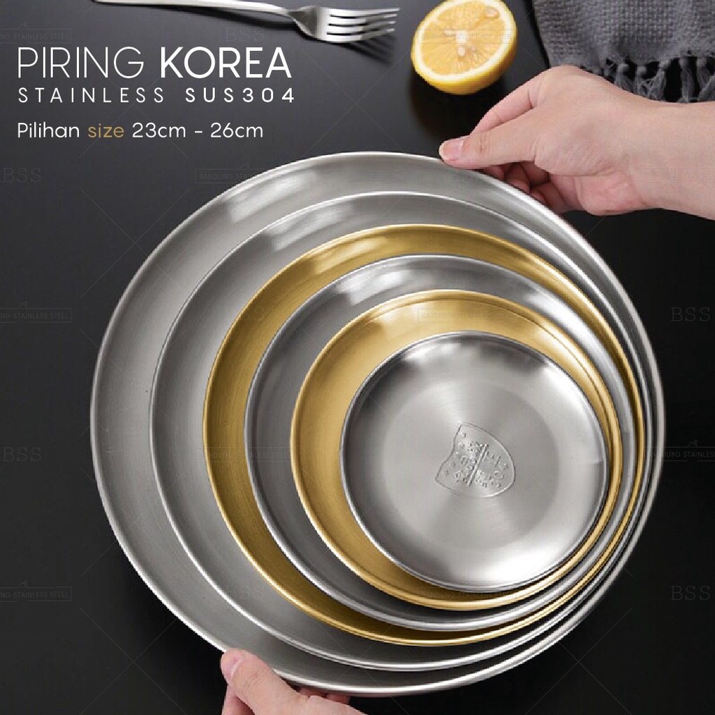 Piring Korea Stainless SUS 304 20cm 23cm 26cm Makan Saji Cemilan Silver Gold