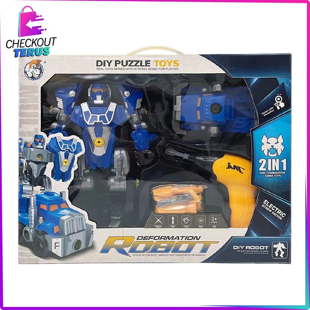 CT M214 Mainan Robot Deformation 2IN1 DIY Puzzle  Anak Laki Laki Mainan Mobil Mobilan Mainan Bongkar Pasang Dengan Obeng Listrik Robot Toys