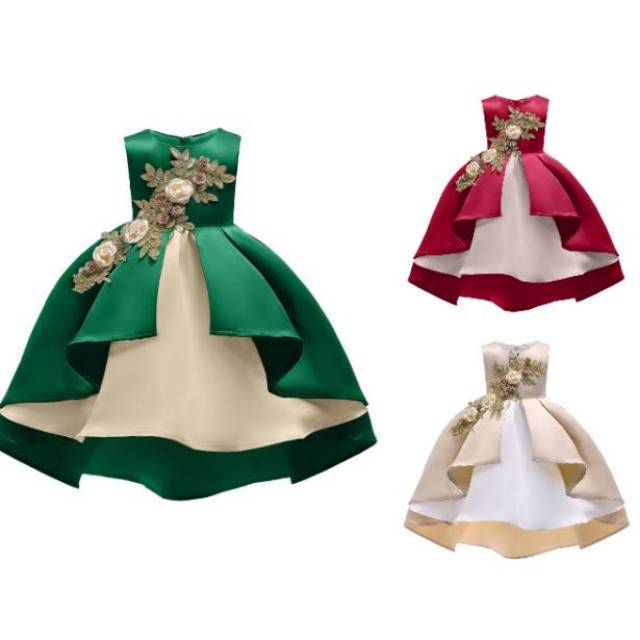 AMELIA DRESS / DRESS PESTA ANAK PEREMPUAN / GAUN NATAL ANAK GOLD HIJAU MERAH IMPORT KOREA MURAH