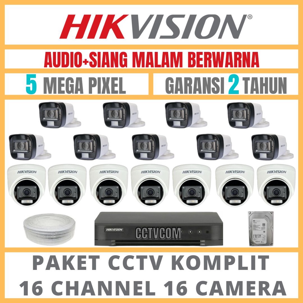 PAKET CCTV HIKVISION COLORVU 5MP 16 CHANNEL 16 CAMERA COLORFULL