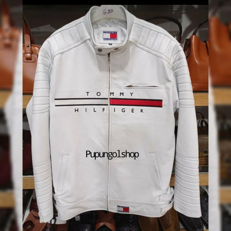 Jaket Kulit Tommy Hilfiger Kulit Asli Domba Super Premium Man Leather Jacket White