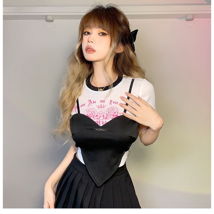 Hot girl spades heart stitching T-shirt wanita palsu dua potong slim fit all-match top trendy