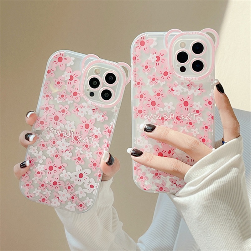 Soft Case Silikon TPU Motif Bunga Pink Untuk iPhone 13 12 11 Pro Max X Xr Xs Max SE 2020 8 7 6 6s Plus