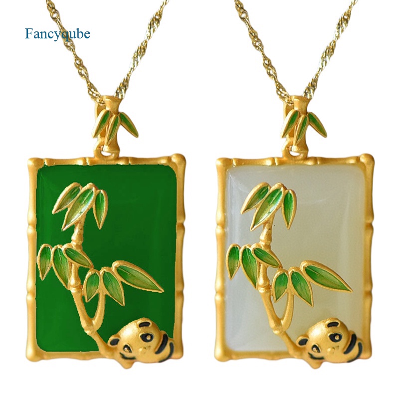 Fancyqube Kalung Liontin Batu Giok Hetian Bentuk Persegi Motif Panda Daun Bambu Gaya Vintage Untuk Wanita