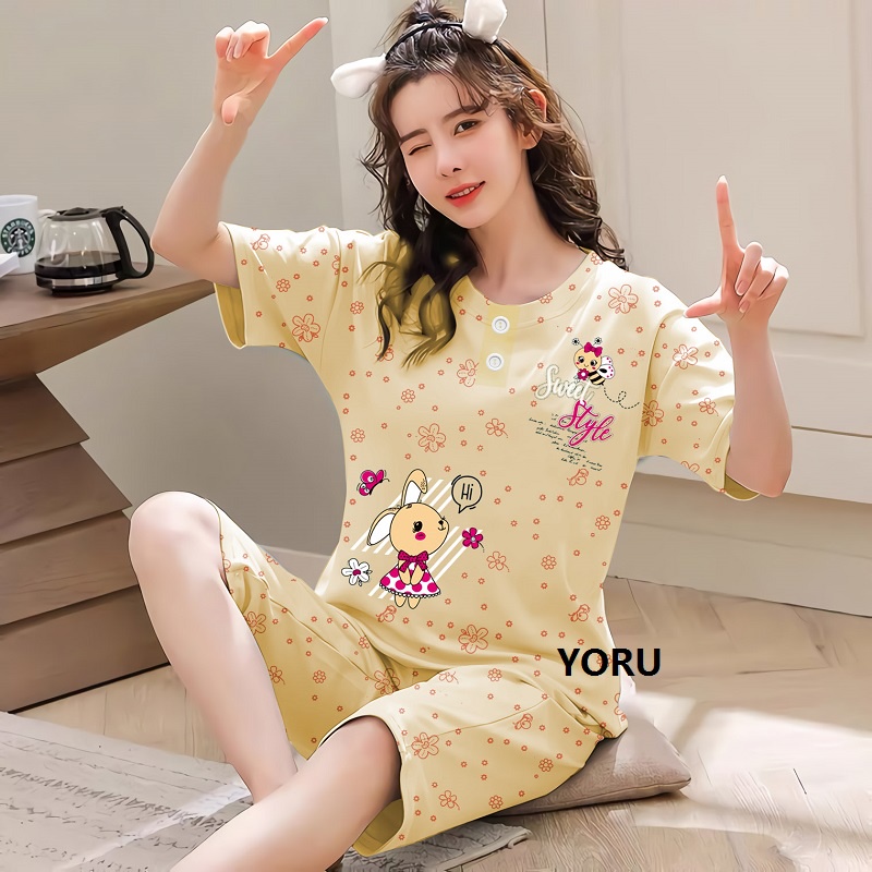 Pamelo.id Stelan C3/4 Baby Doll / Suplier Sleep Wear / Baju Tidur Wanita kaos Katun / Stelan Baju Tidur Murah Produk Terlaris Set HP-BunStyle Yelow