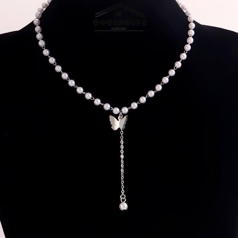 COD Retro Butterfly Pearl Kalung Lembut Gadis Kecil Cinta Liontin Kalung Rantai Klavikula- cl