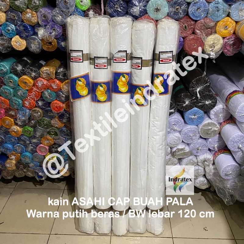 ( per setengah meter ) kain furing asahi cap BUAH PALA warna putih beras BW tebal kaku BAHAN FURING BAJU BATIK PELAPIS TAS