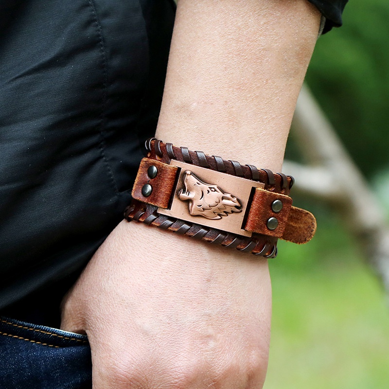 Gelang Kulit Desain Serigala Gaya Nordic Viking Untuk Pria